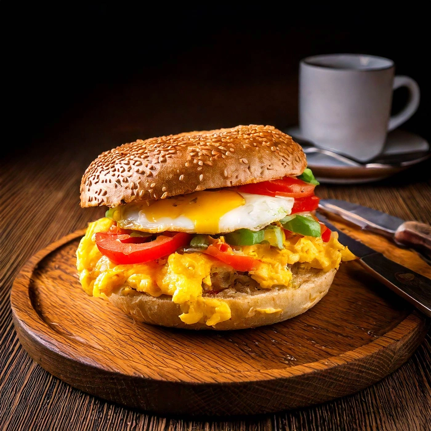 Frühstücks-Sandwich mit Spiegelei, Tomaten und Gemüse auf Holzbrett