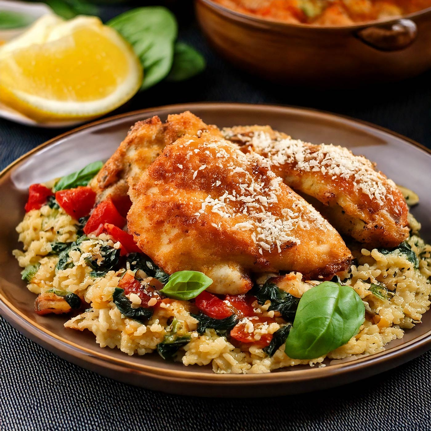 Gebratenes Hähnchen mit Reis, Tomaten und Basilikum auf einem Teller serviert.