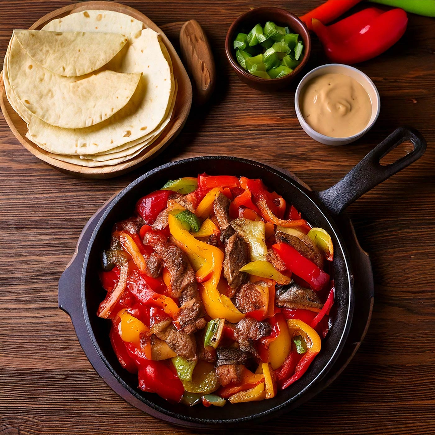 Fajitas mit Fleisch und Gemüse, Tortillas, Soße und Paprika auf Holz