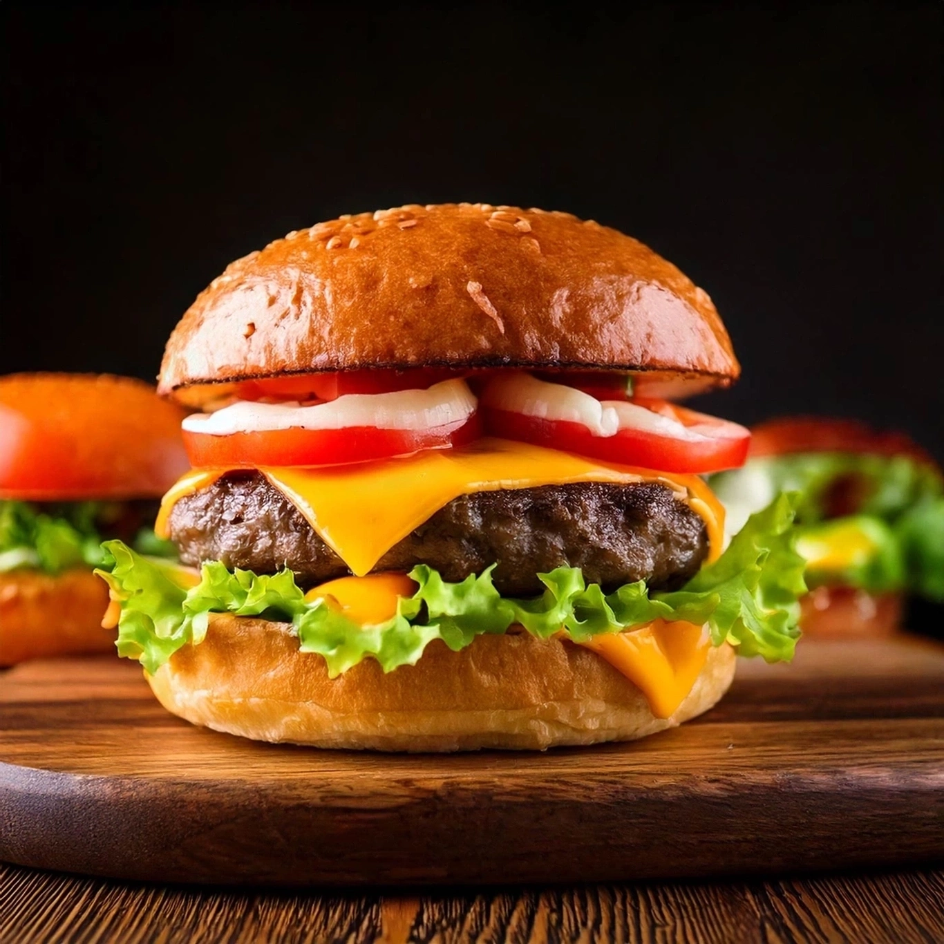 Nahaufnahme eines köstlichen Burgers mit Käse, Tomaten und Salat auf einem Holzbrett