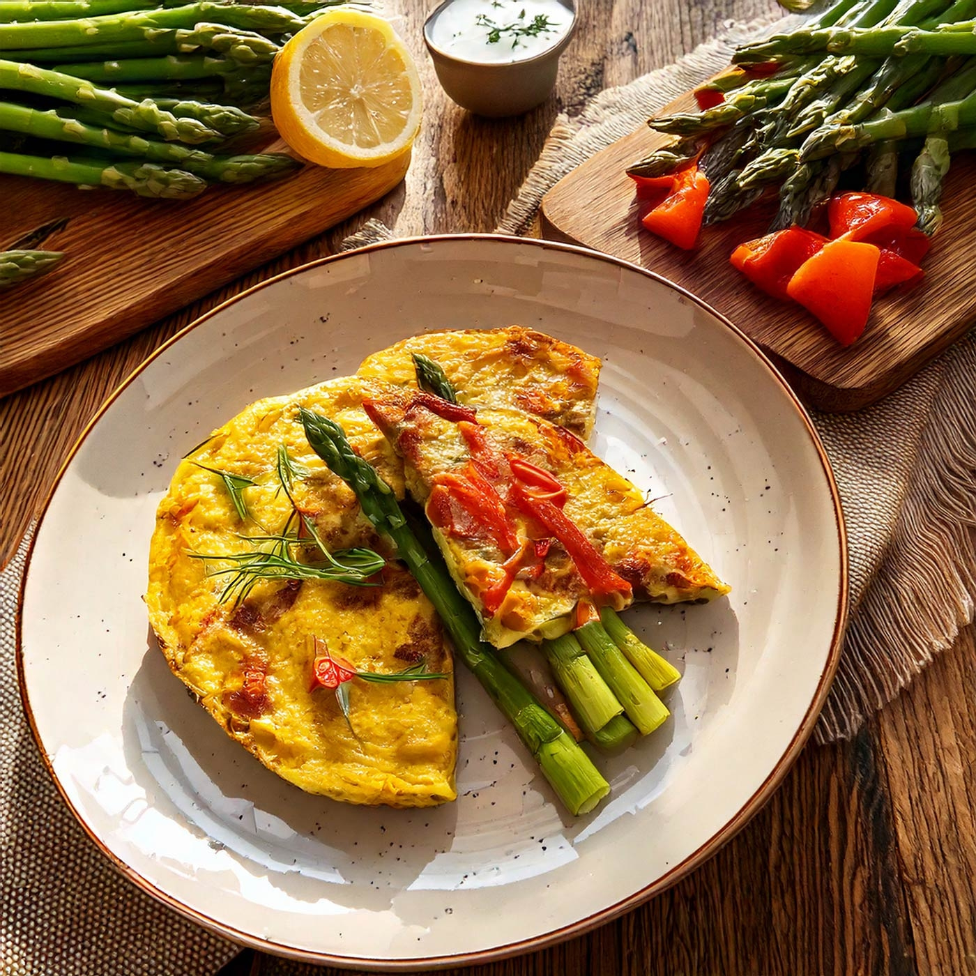 Omelett mit Spargel und Paprika auf einem Teller, mit Zitrone und Dip.