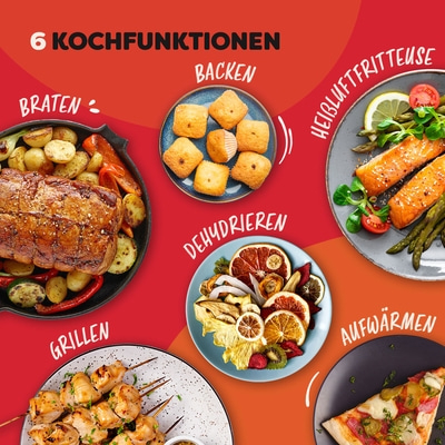 6 Kochfunktionen: Braten, Backen, Heißluftfritteuse, Dehydrieren, Aufwärmen, Grillen. Essen.