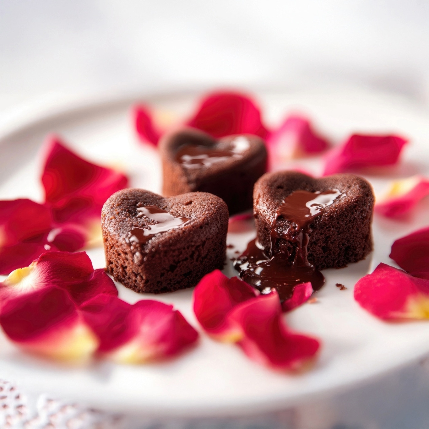Herzförmige Schokoladenkuchen mit Rosenblättern auf einem Teller. Romantisches Dessert.