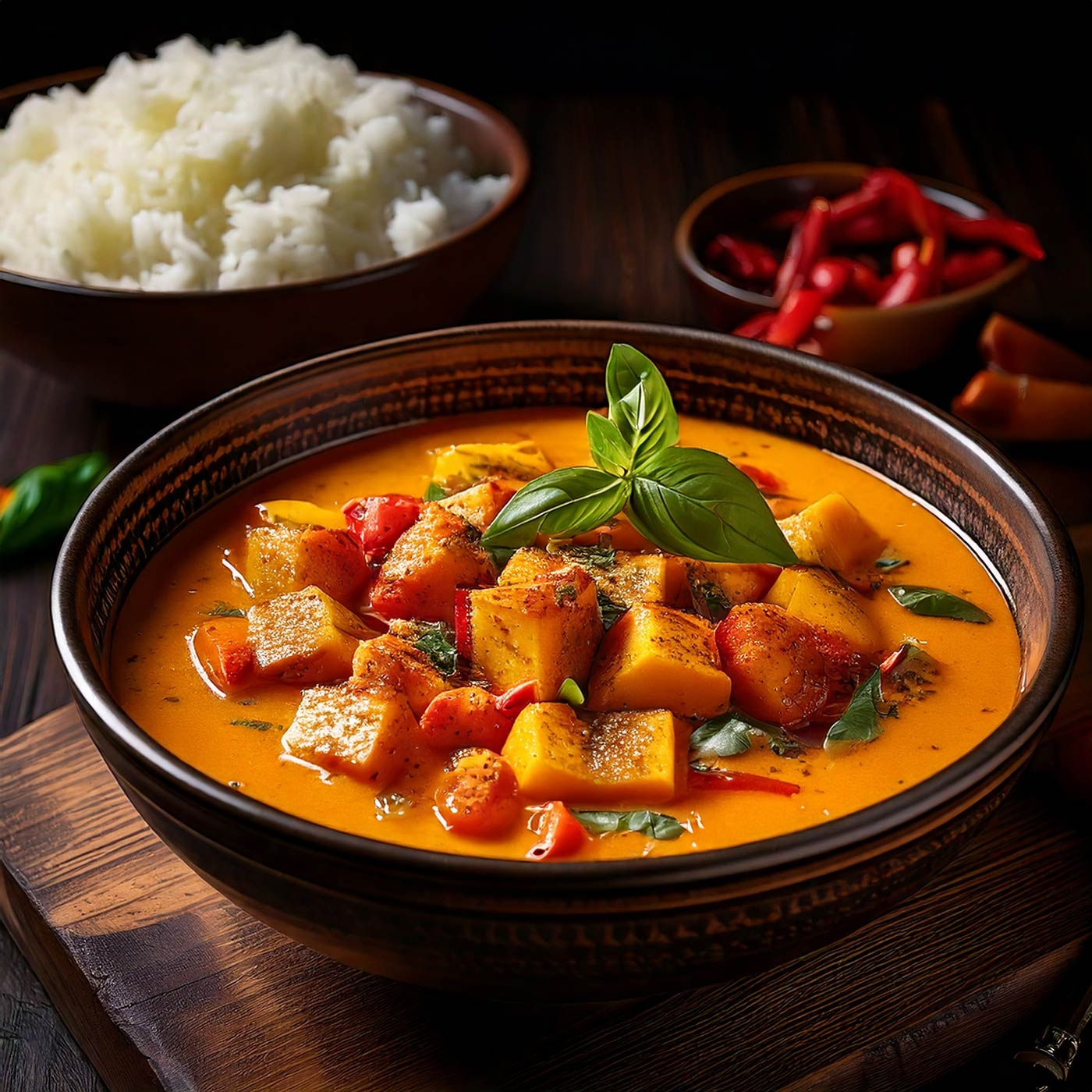 Kürbis-Curry mit Reis, Chili und Basilikum in einer Schüssel auf Holz