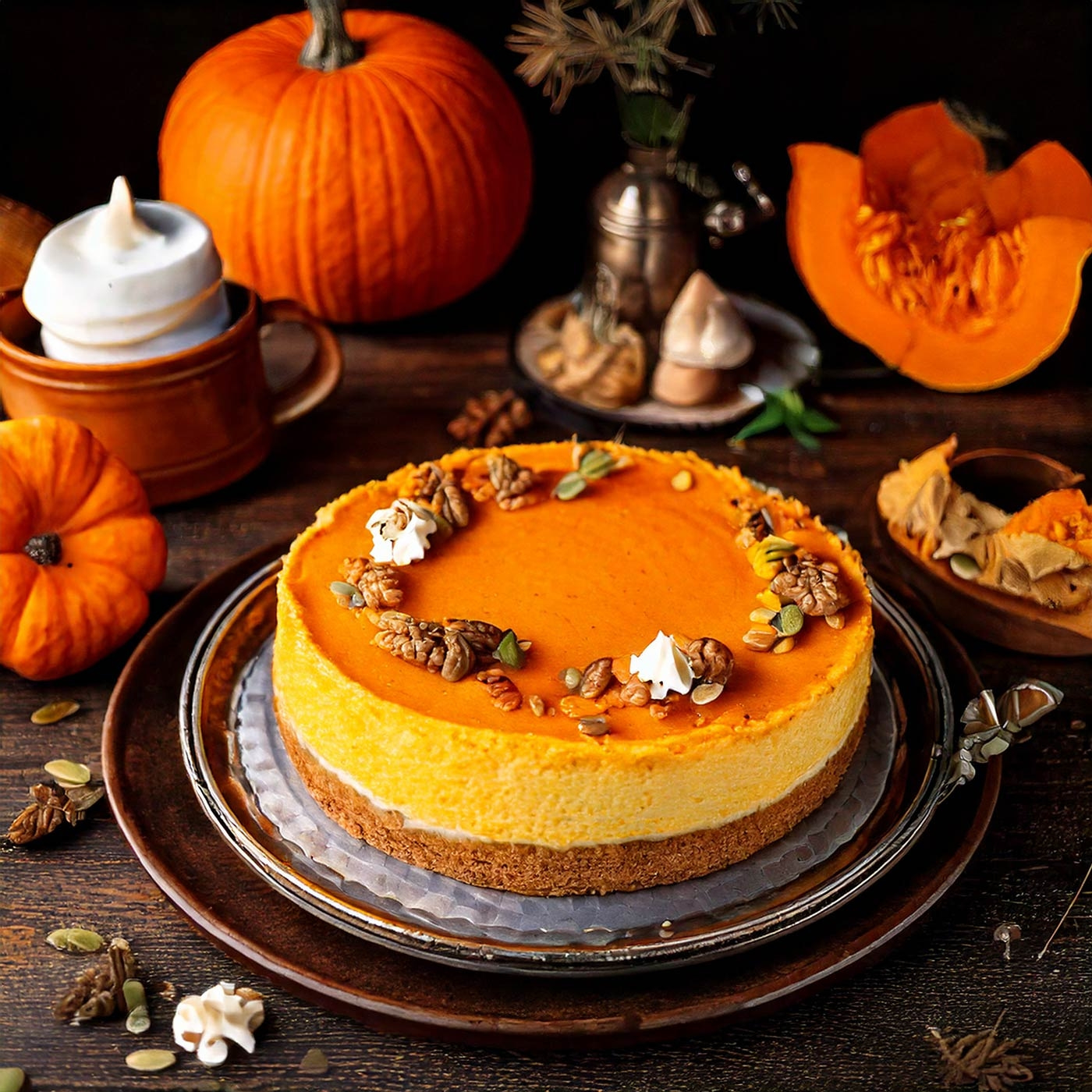 Kürbiskuchen mit Walnüssen und Kürbissen auf einem Holztisch
