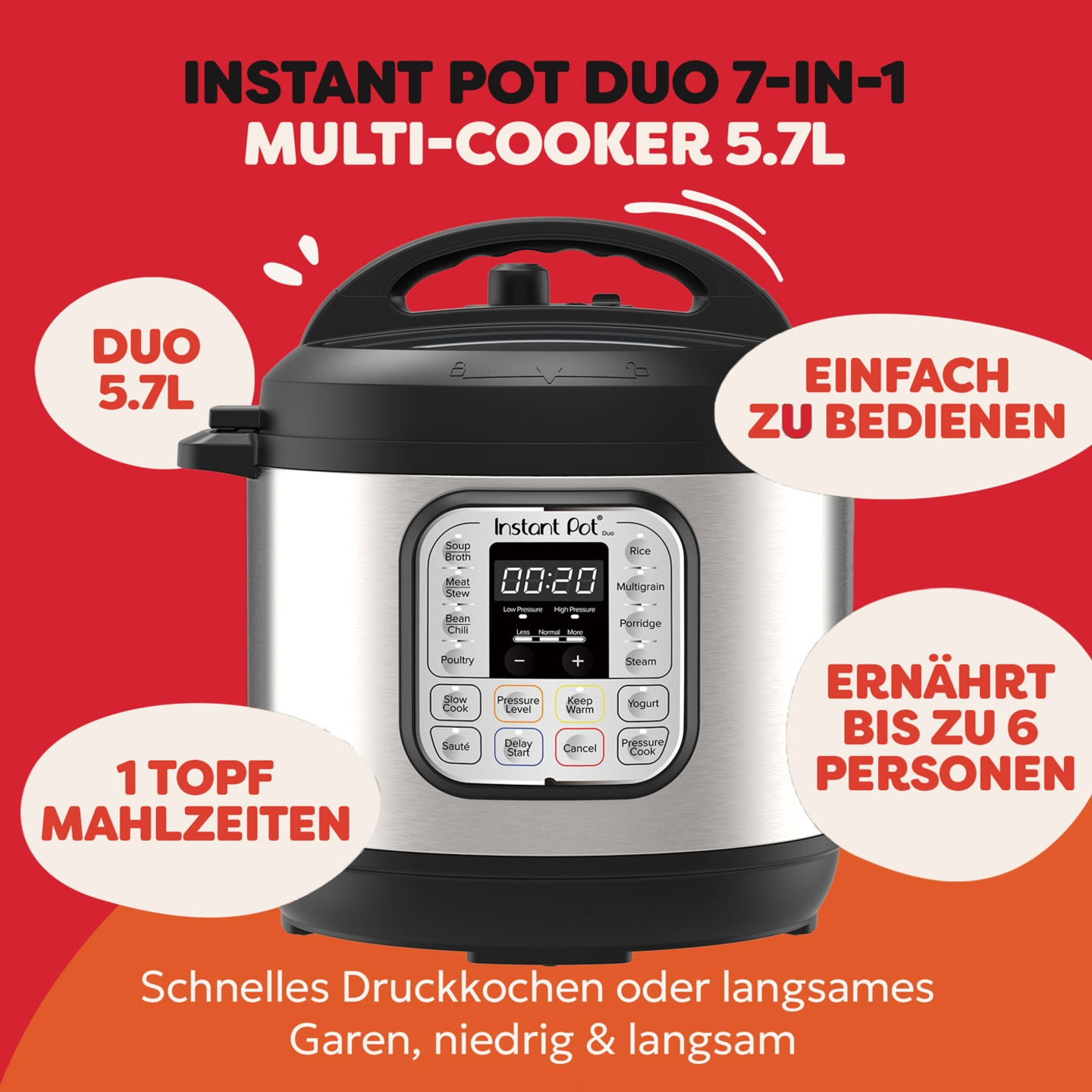 Der Instant Pot Duo 7-in-1 Multi-Cooker, 5,7 L Fassungsvermögen.