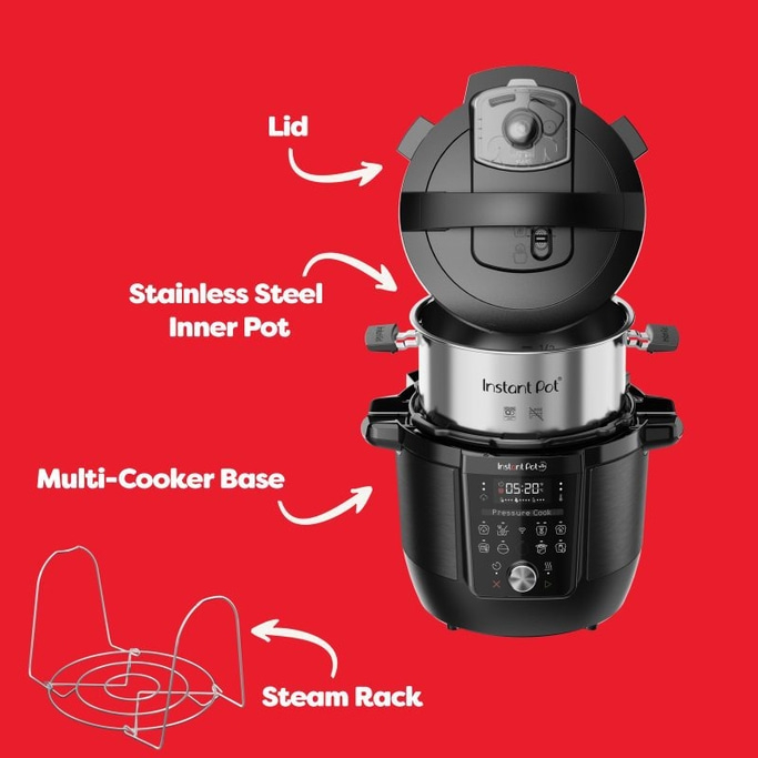 Instant Pot mit Deckel, Innentopf, Basis und Dampfgestell. Kochen leicht gemacht.