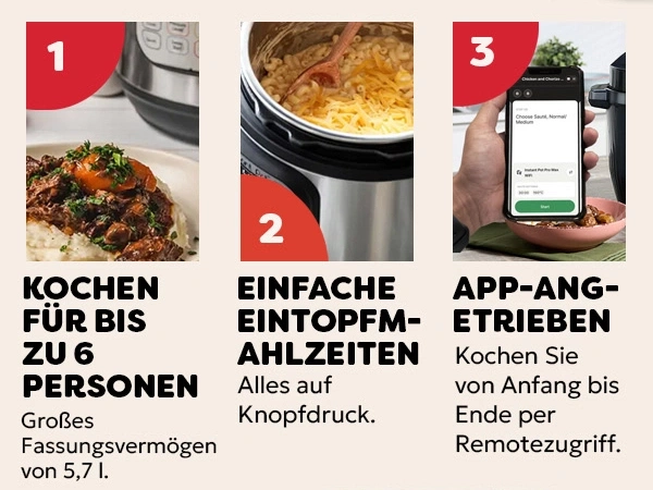 Kocher mit 6 Portionen, einfache Eintopfmahlzeiten, App-gesteuert.