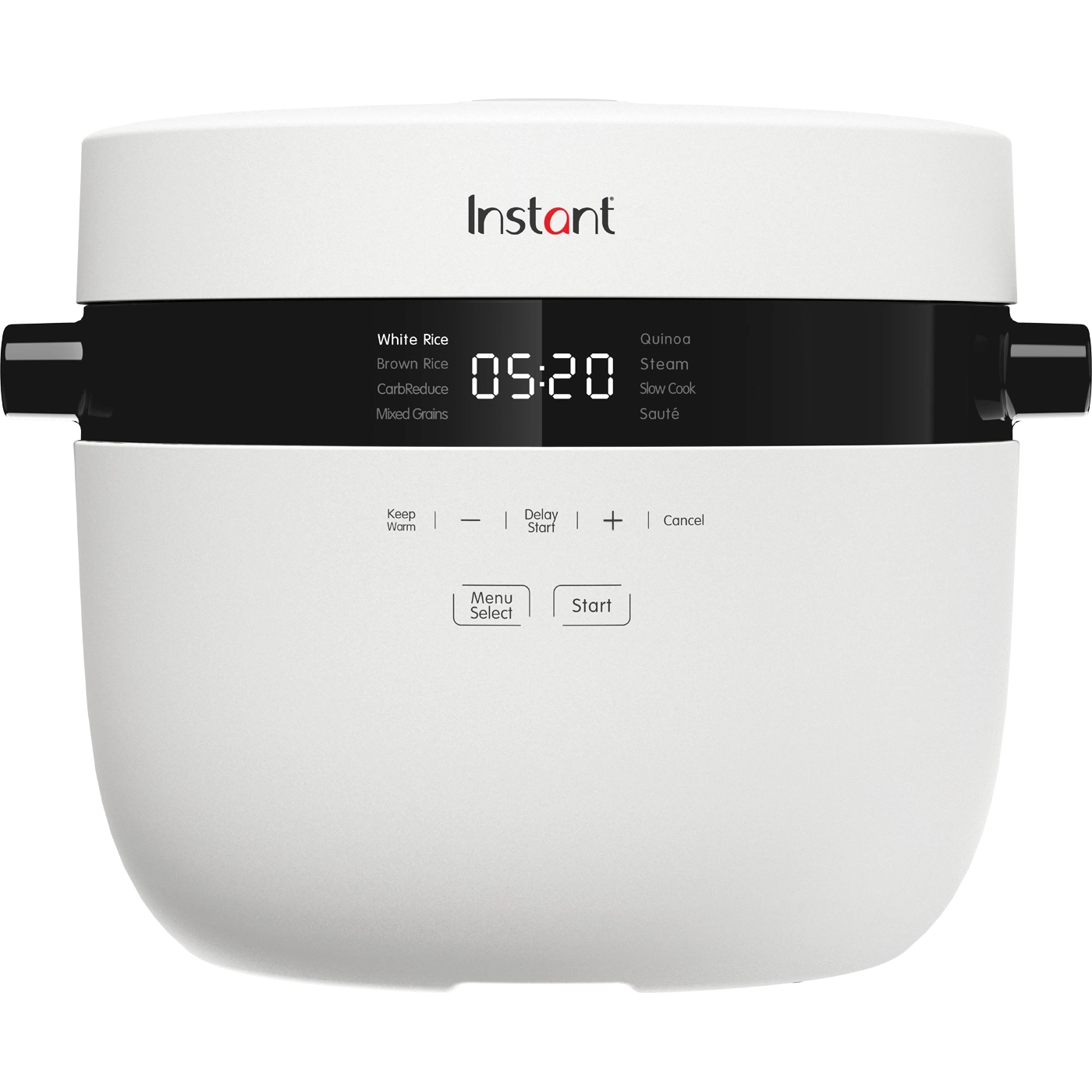 Ein weißer Instant Pot Reiskocher mit schwarzem Bedienfeld und digitaler Zeitanzeige.