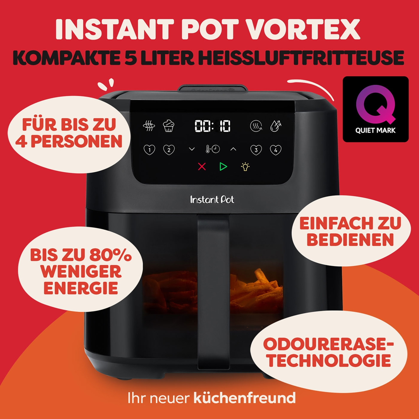 Instant Pot Vortex mit "Für bis zu 4 Personen", "Bis zu 80% weniger Energie" und "Odorerase-Technologie"