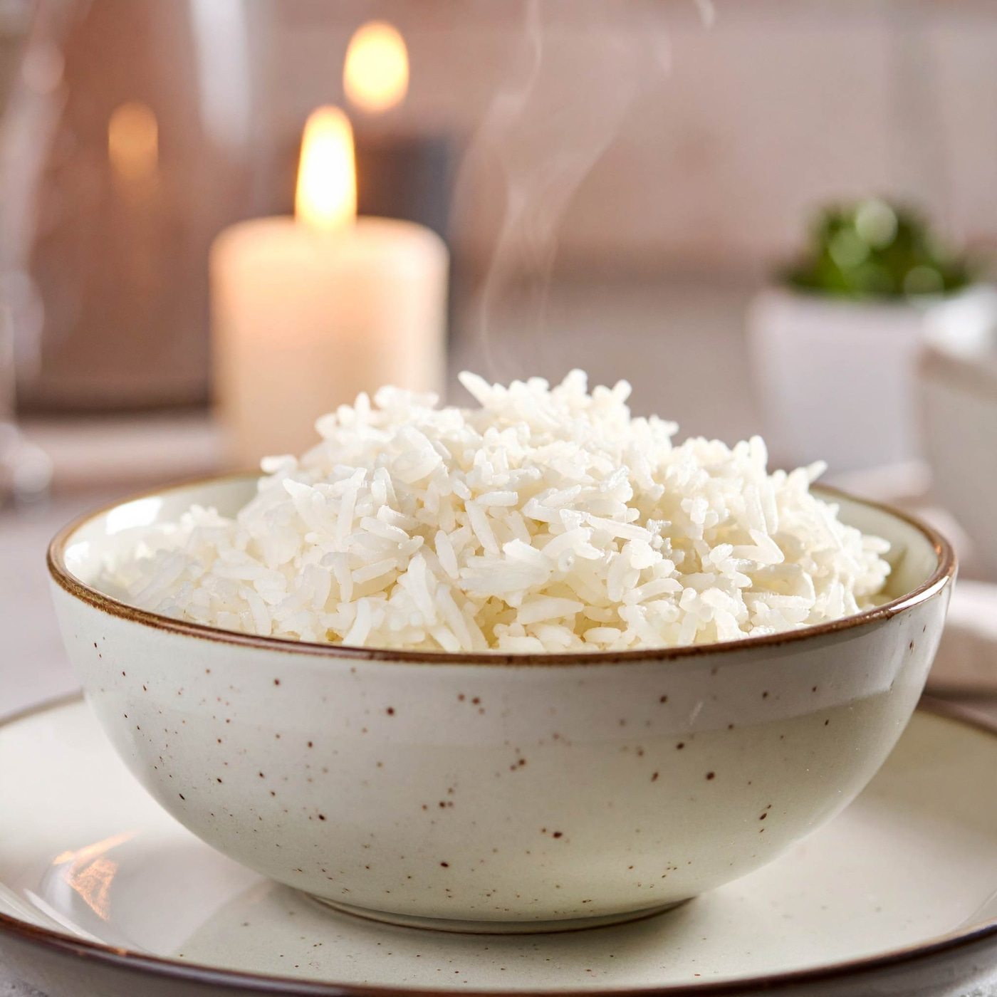 Schüssel mit Reis, Kerzen im Hintergrund, Dampf, Nahaufnahme, Essen, warm