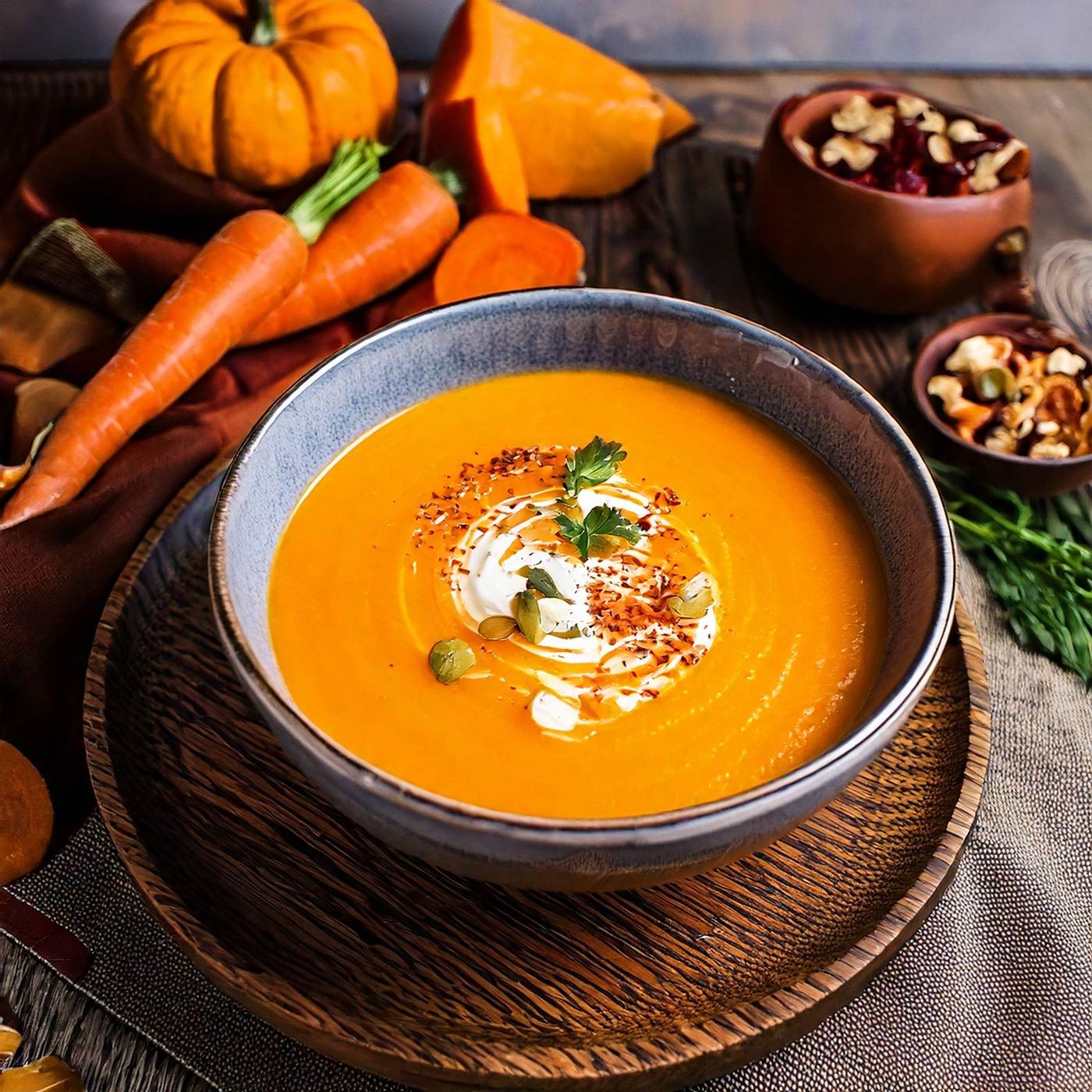 Kürbissuppe mit Sahne, Kürbiskernen und Gewürzen, umgeben von Zutaten.