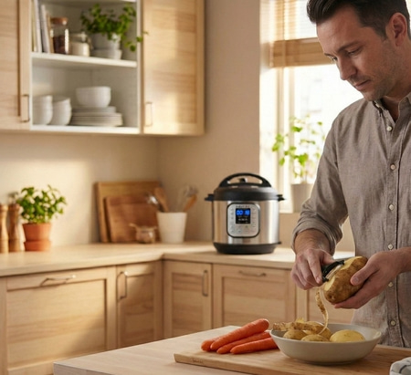 Zubereitung von Gemüse in der Küche mit einem Instant Pot Multikocher im Hintergrund.