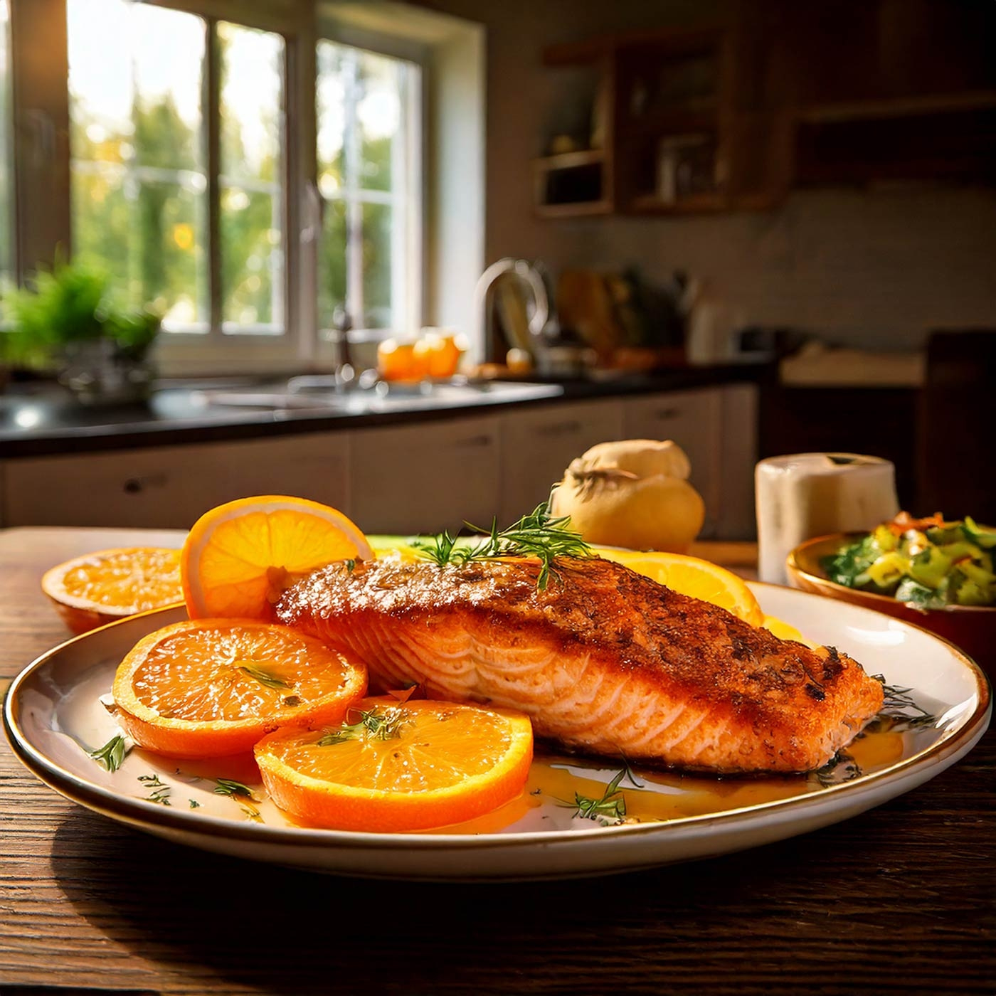 Gebratenes Lachsfilet mit Orangen auf einem Teller in einer Küche