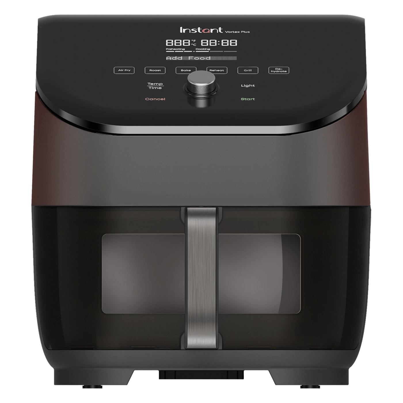 Ein schwarzer Instant Vortex Plus Heißluftfritteuse mit digitalem Display und Bedienelementen.