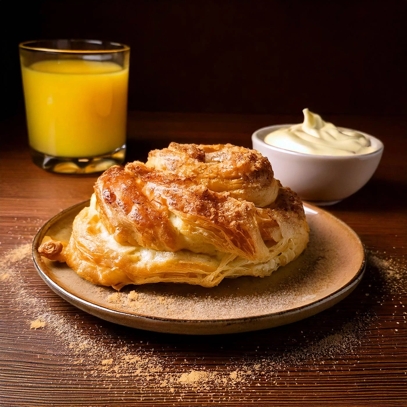 Frühstück mit Gebäck, Saft und Creme auf einem Holztisch
