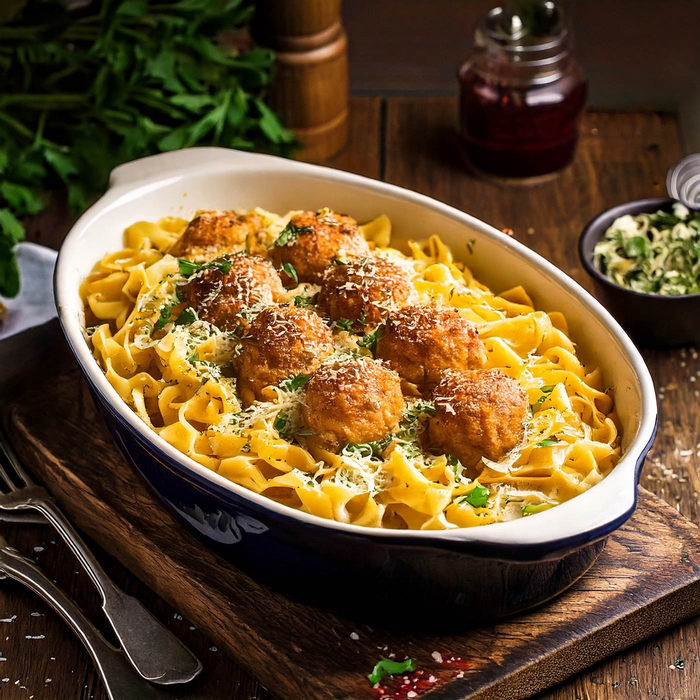 Teller mit Fleischbällchen und Nudeln, serviert auf einem Holzbrett