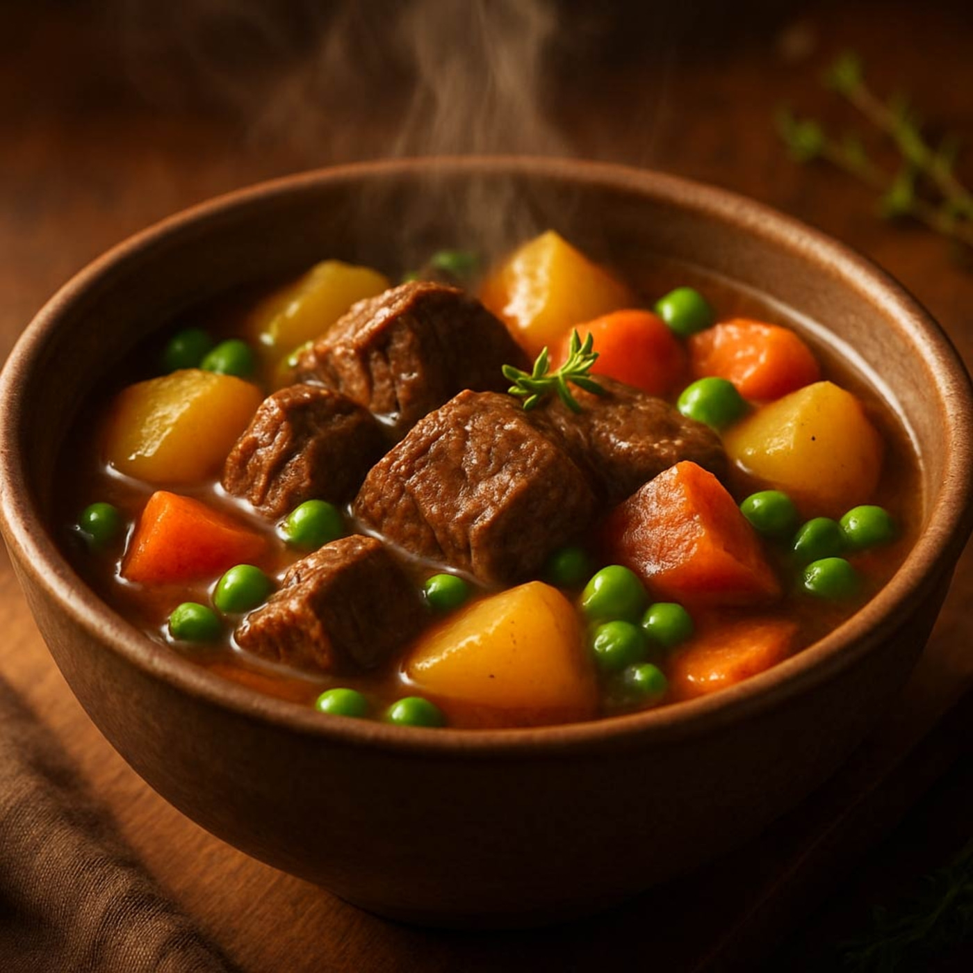 Herzhafter Eintopf mit Fleisch, Kartoffeln, Karotten und Erbsen in einer Holzschüssel