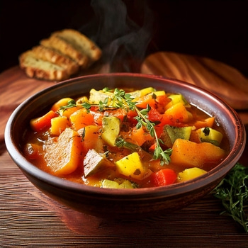Gemüsesuppe mit Brot, dampfend, in einer Schüssel auf einem Holztisch