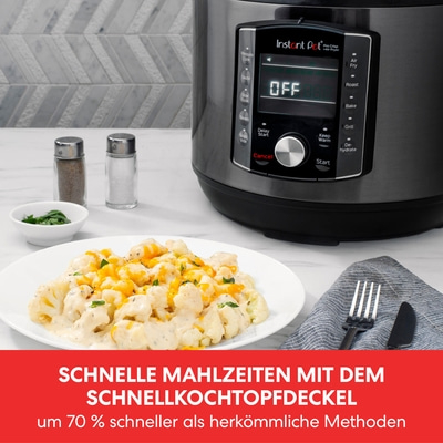 Instant Pot mit Essen, Text: Schnelle Mahlzeiten mit dem Schnellkochtopfdeckel