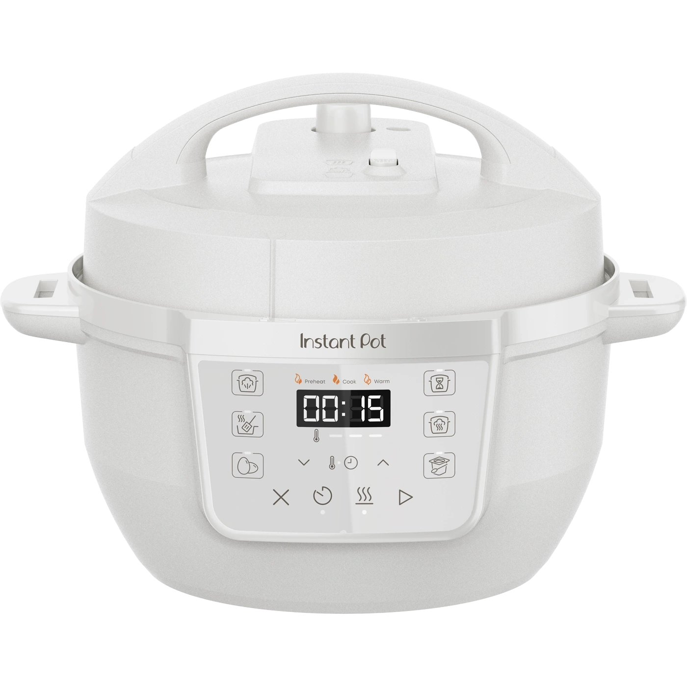 Ein weißer Instant Pot mit digitaler Anzeige und Kochprogrammen.