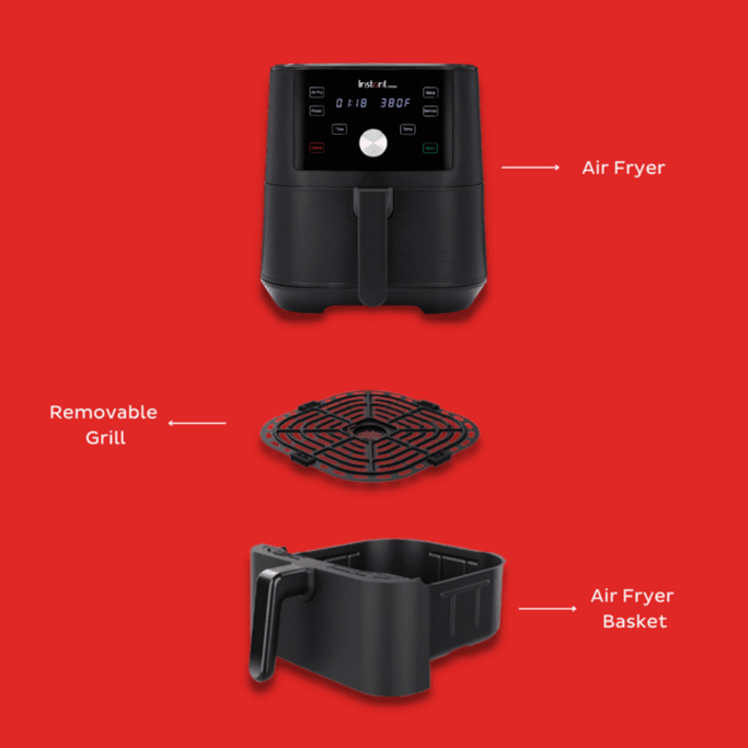 Schwarze Heißluftfritteuse mit herausnehmbarem Grill und Korb, roter Hintergrund.