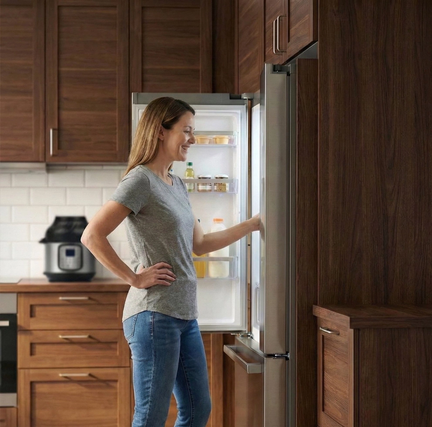 Frau öffnet einen Edelstahl-Kühlschrank in einer Holzküche, während im Hintergrund ein Instant Pot Multikocher auf der Arbeitsplatte steht.