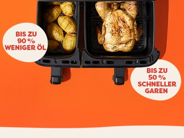Doppelter Heißluftfritteuse mit Hähnchen und Kartoffeln, bis zu 90 % weniger Öl und 50 % schneller garen.