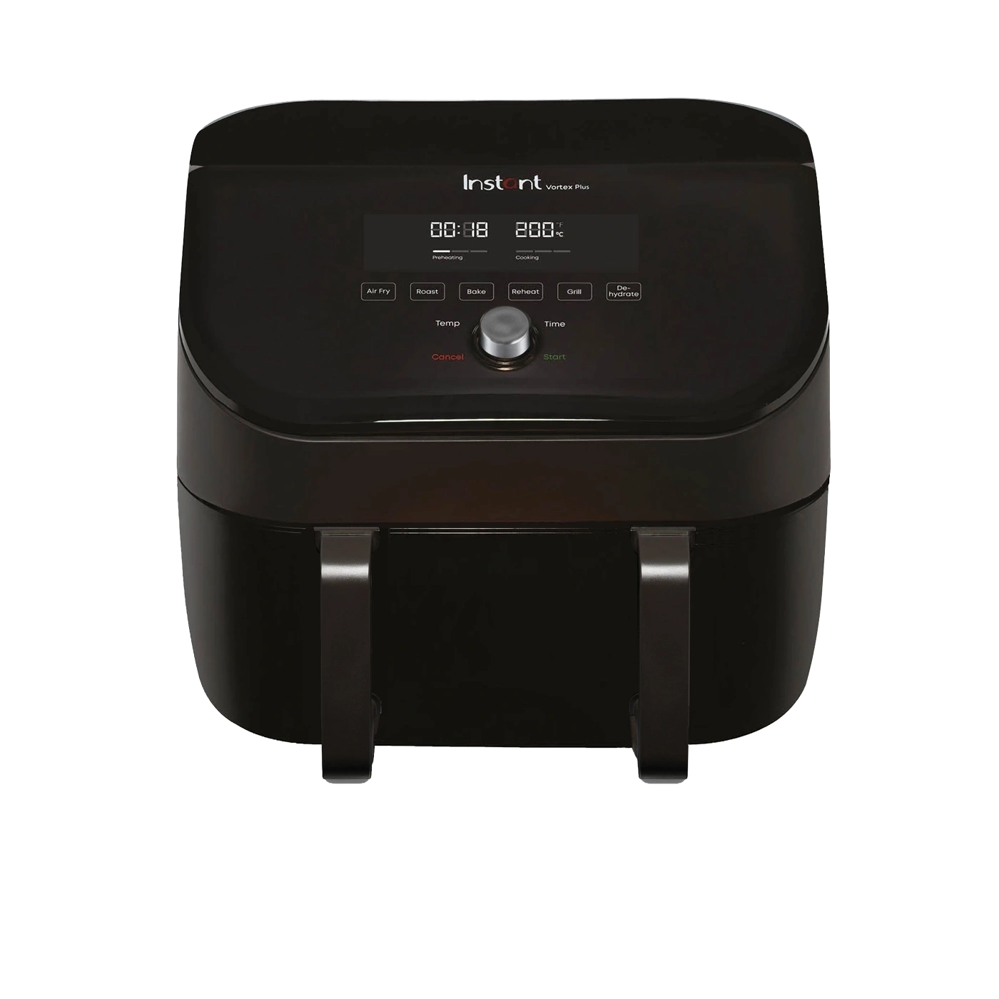Schwarzer Instant Vortex Plus Heißluftfritteuse mit digitalem Display und Bedienelementen.