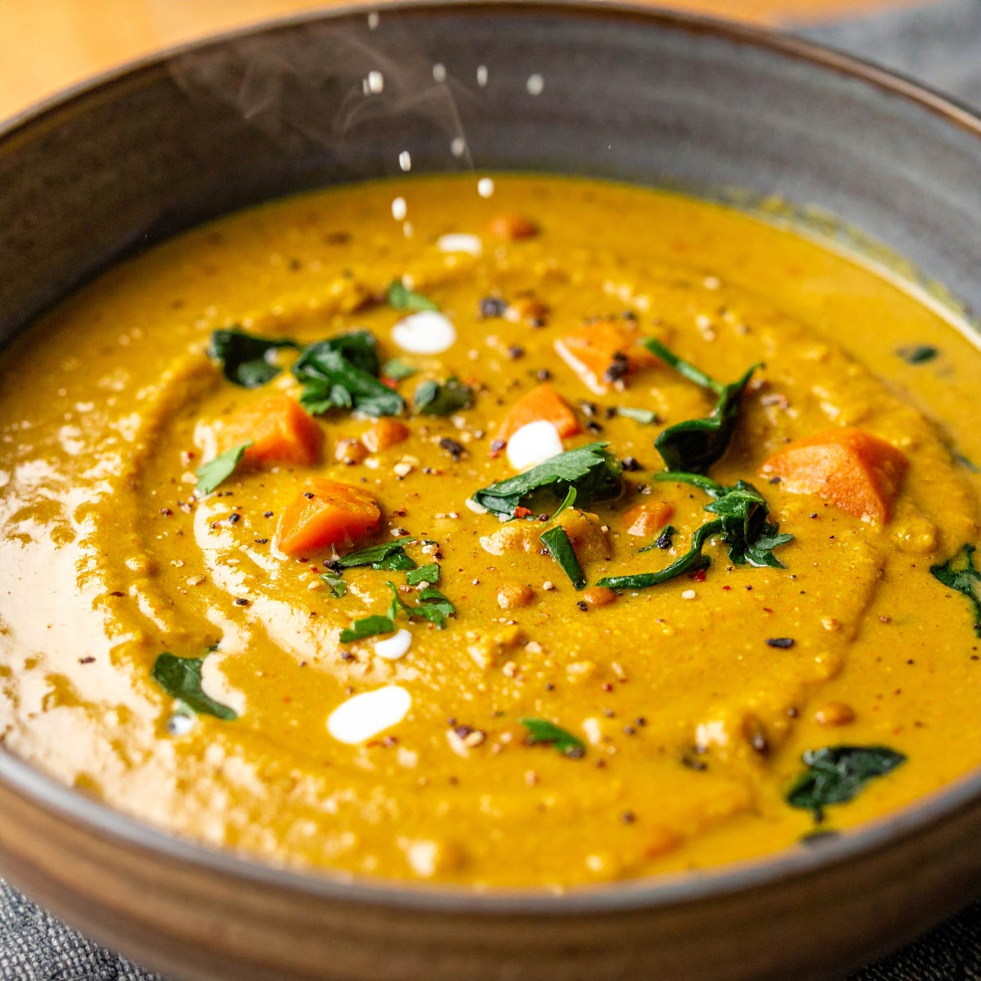 Nahaufnahme einer Schüssel mit Kürbissuppe mit Gemüse und Kräutern