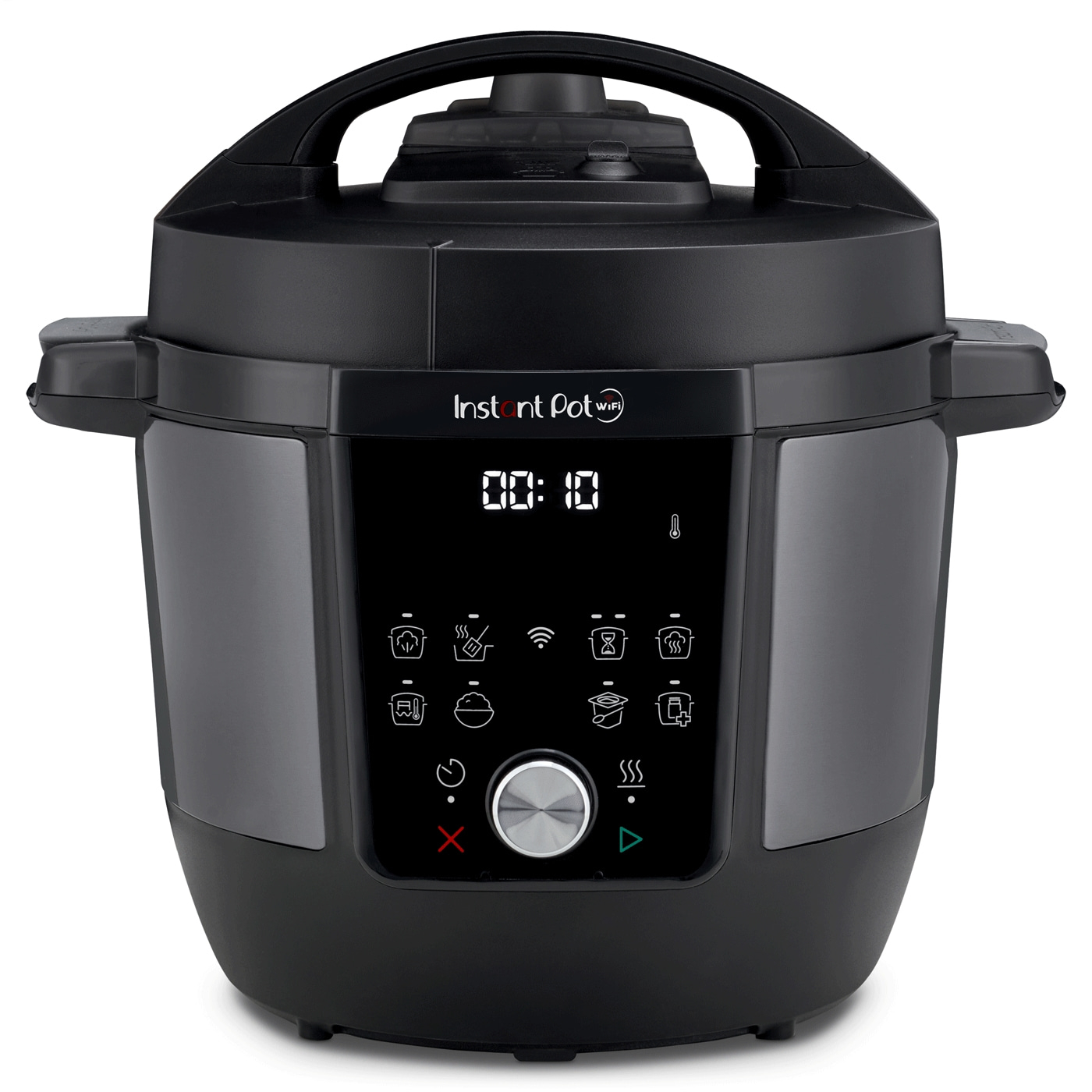 Schwarzer Instant Pot mit digitaler Anzeige und verschiedenen Kochfunktionen.