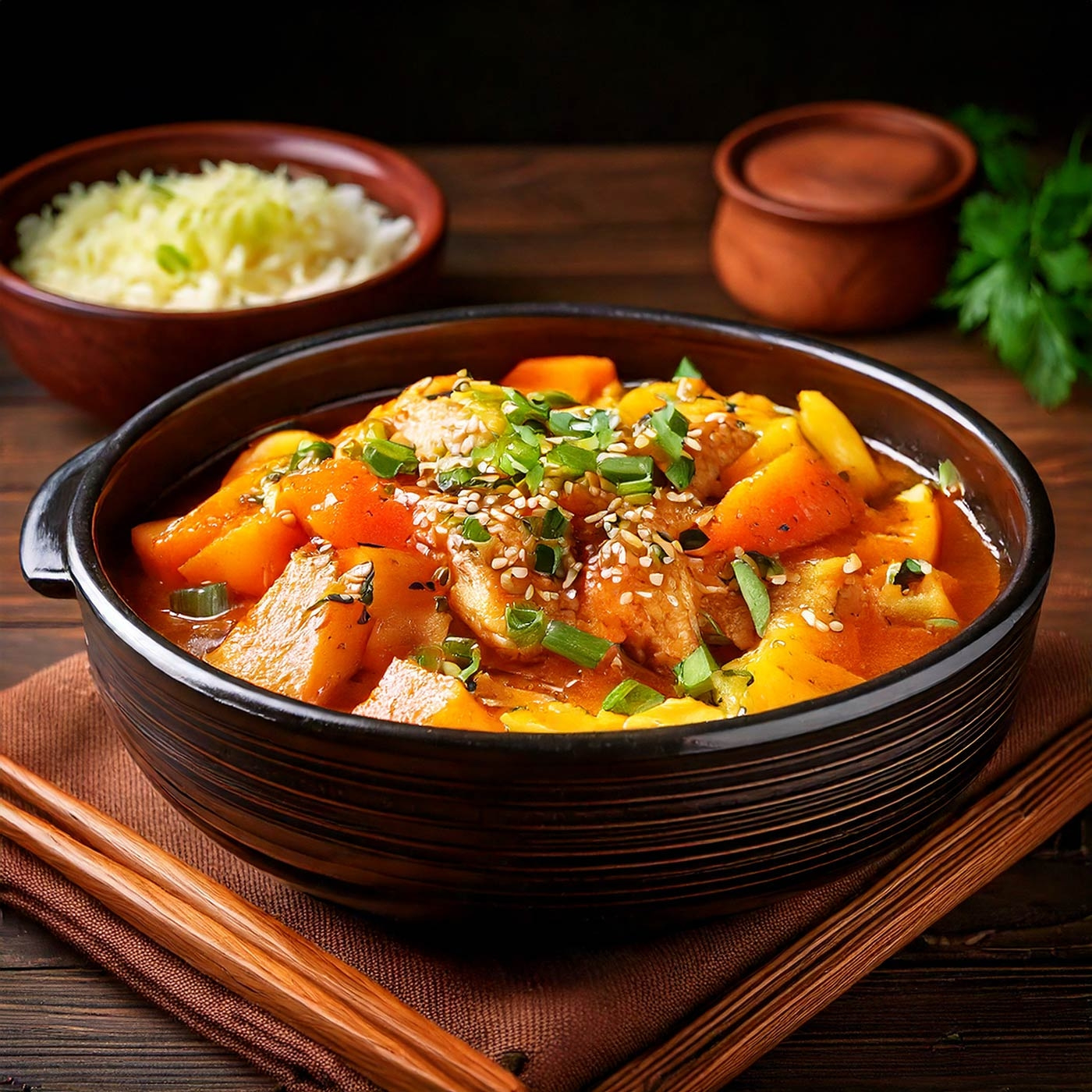 Nahaufnahme von köstlichem Essen in einer Schüssel mit Reis und Stäbchen