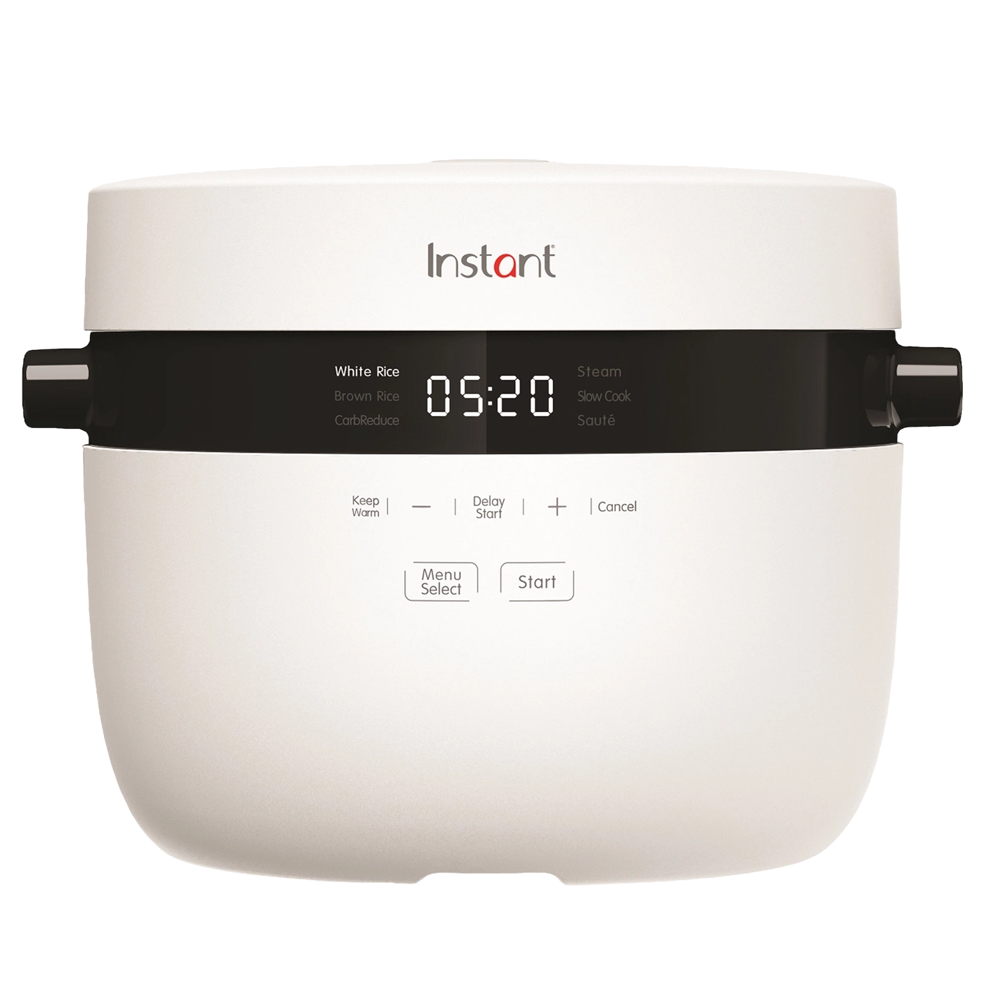 Ein weißer Instant Pot Reiskocher mit schwarzem Bedienfeld und digitaler Zeitanzeige.
