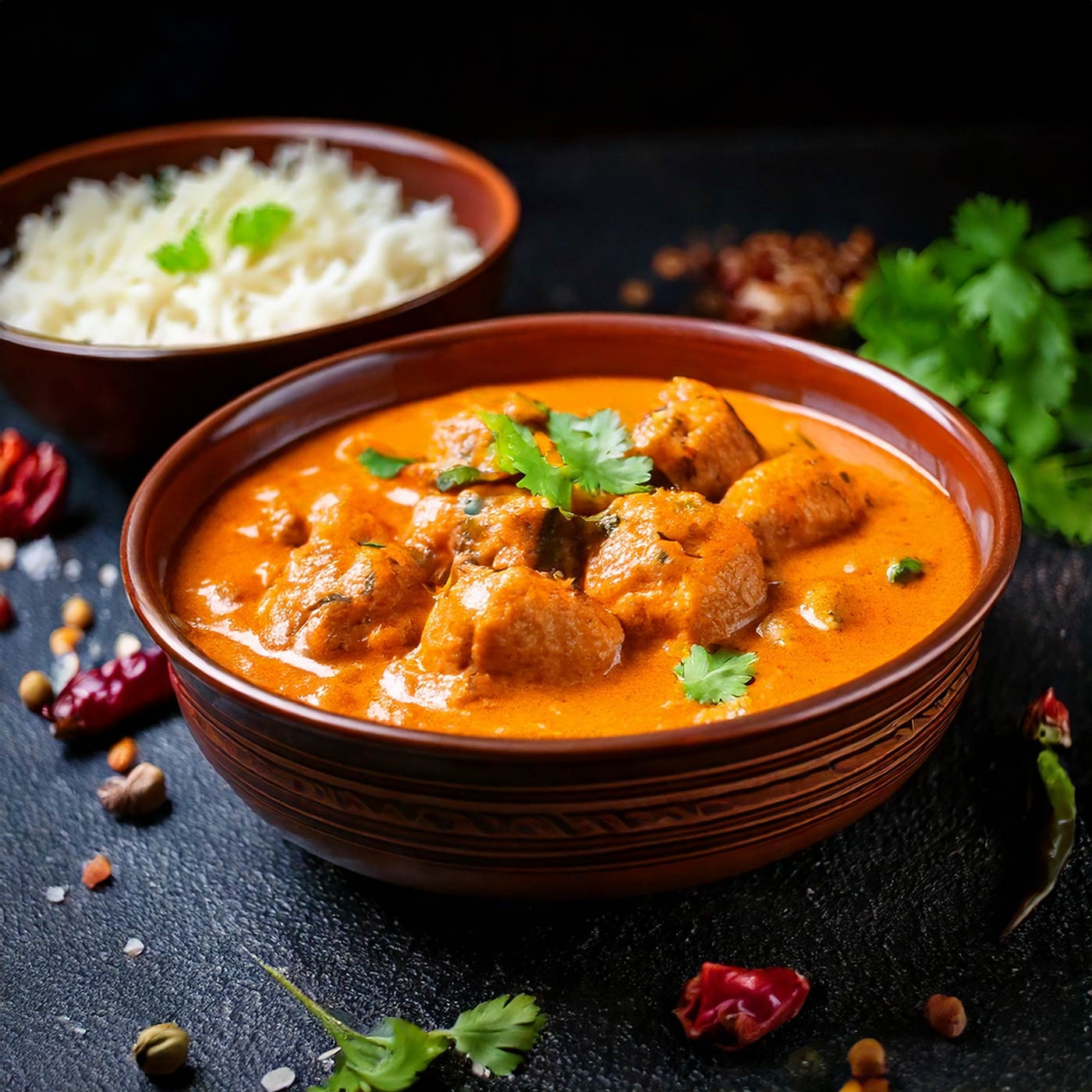 Indisches Gericht mit Reis, Curry, Fleisch und Gewürzen in Schalen