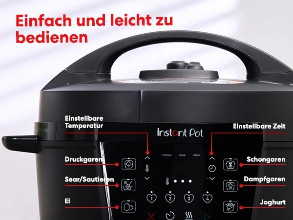 Instant Pot mit Funktionen wie Druckgaren, Schongaren und Joghurt.