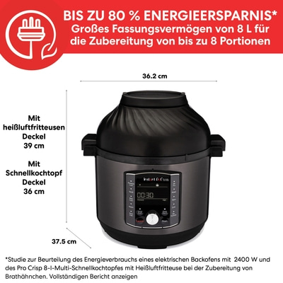 Instant Pot mit Heißluftfritteuse und Schnellkochtopf, 80% Energieersparnis, 8L Fassungsvermögen