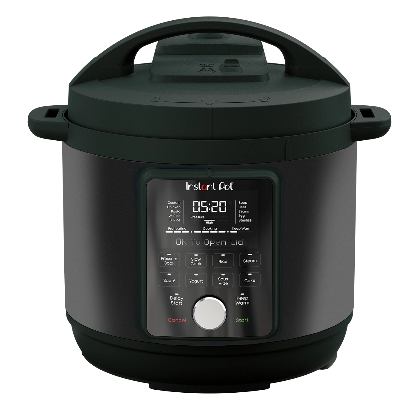 Ein schwarzer Instant Pot mit digitalem Display und Kochprogrammen.