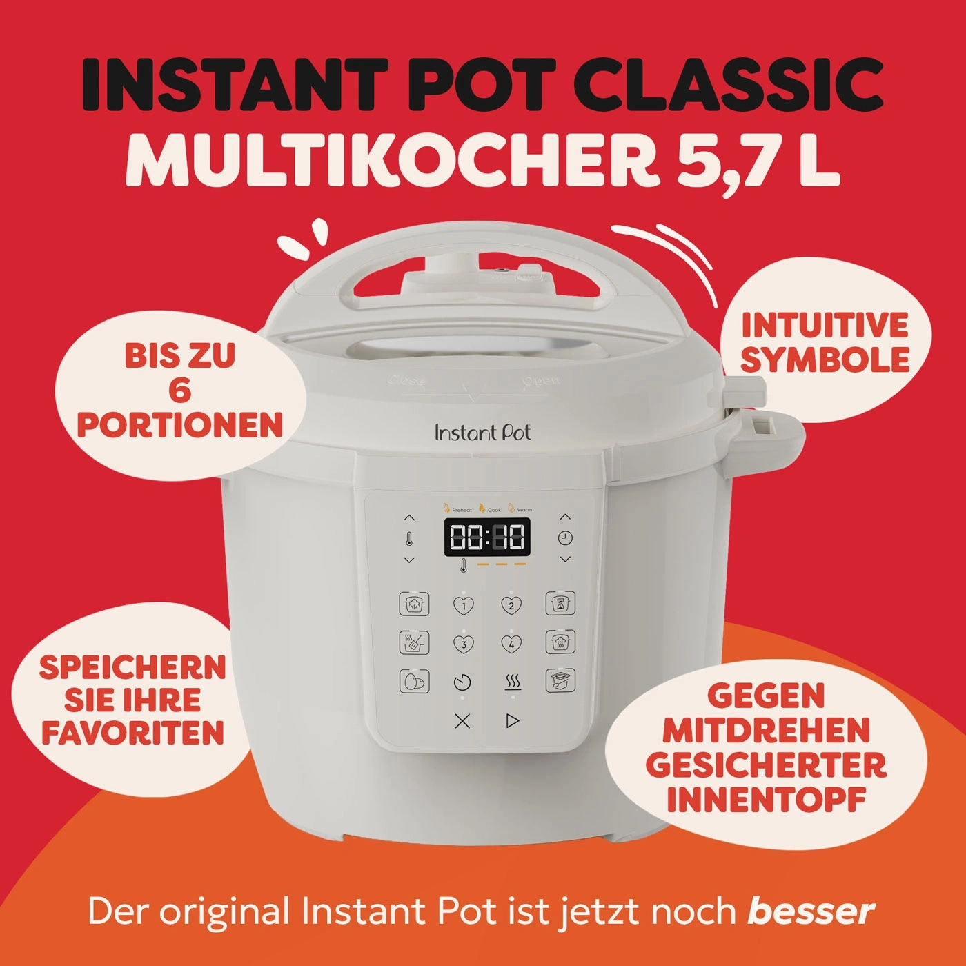 Instant Pot Multikocher mit intuitiven Symbolen und Speichern-Funktion