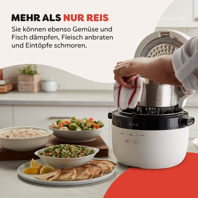 Reiskocher mit Gemüse, Fisch, Fleisch und Eintöpfen. Mehr als nur Reis.