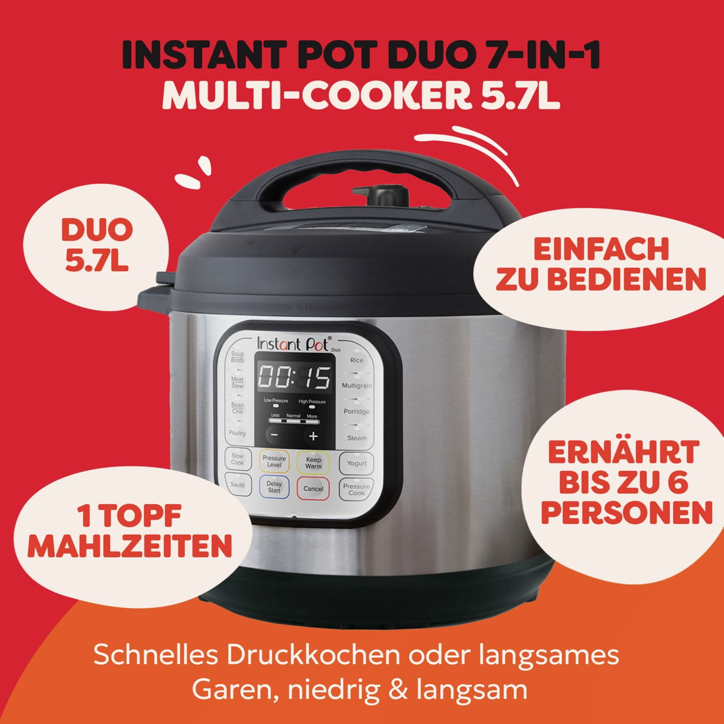 Instant Pot Duo 7-in-1 Multikocher, einfach zu bedienen, für 6 Personen, 1 Topf Mahlzeiten.
