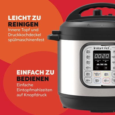 Ein Instant Pot mit der Aufschrift Leicht zu reinigen und einfach zu bedienen.