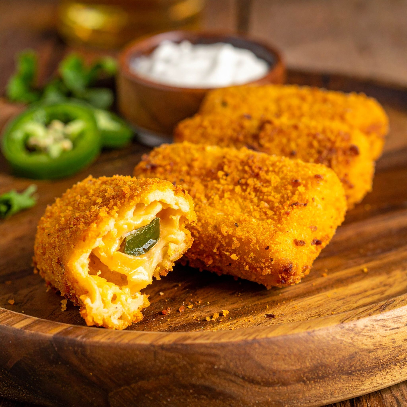 Jalapeño-Poppers auf einem Holzbrett mit Dip und Jalapeños