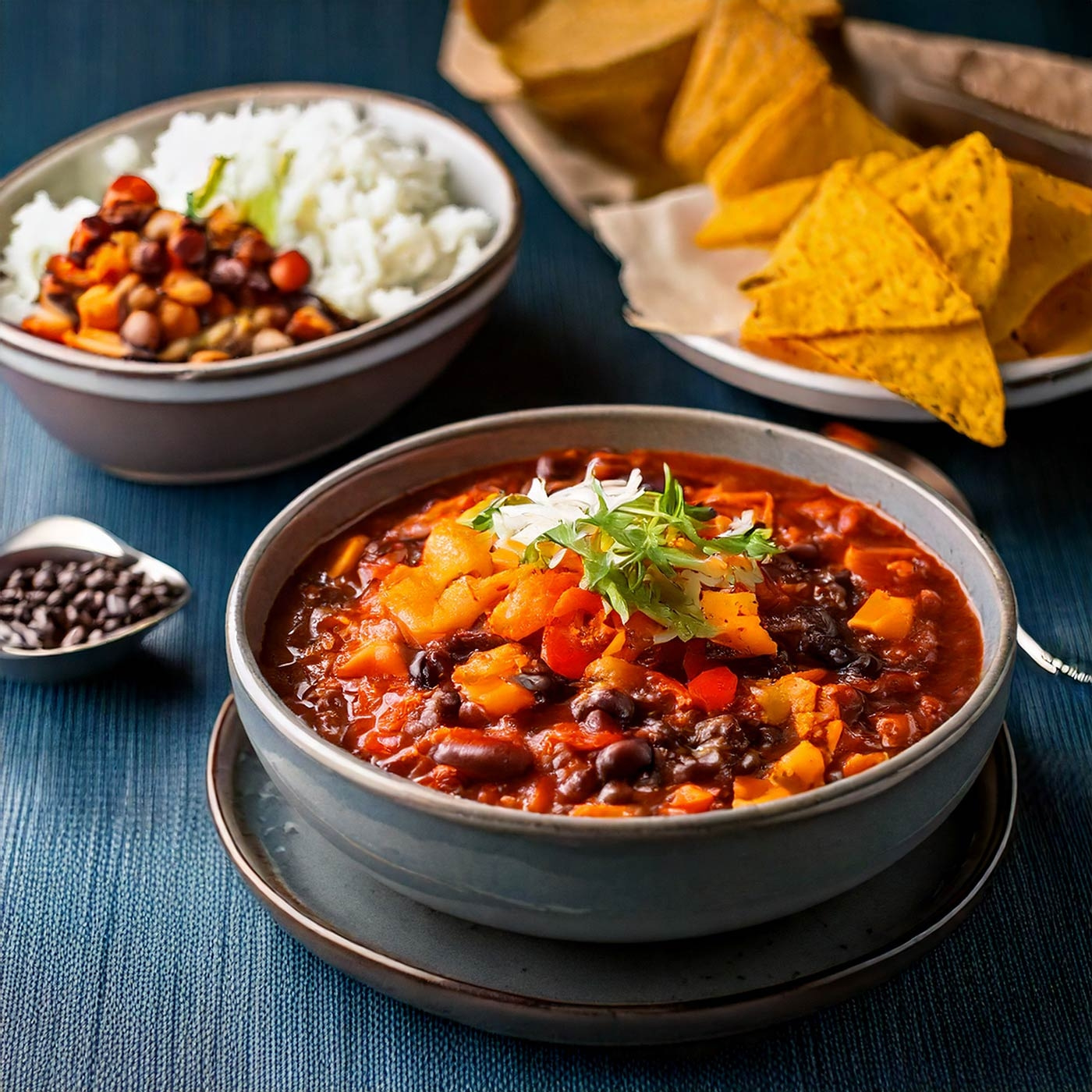 Schüssel Chili mit Reis, Tortilla-Chips und Bohnen auf blauem Tisch