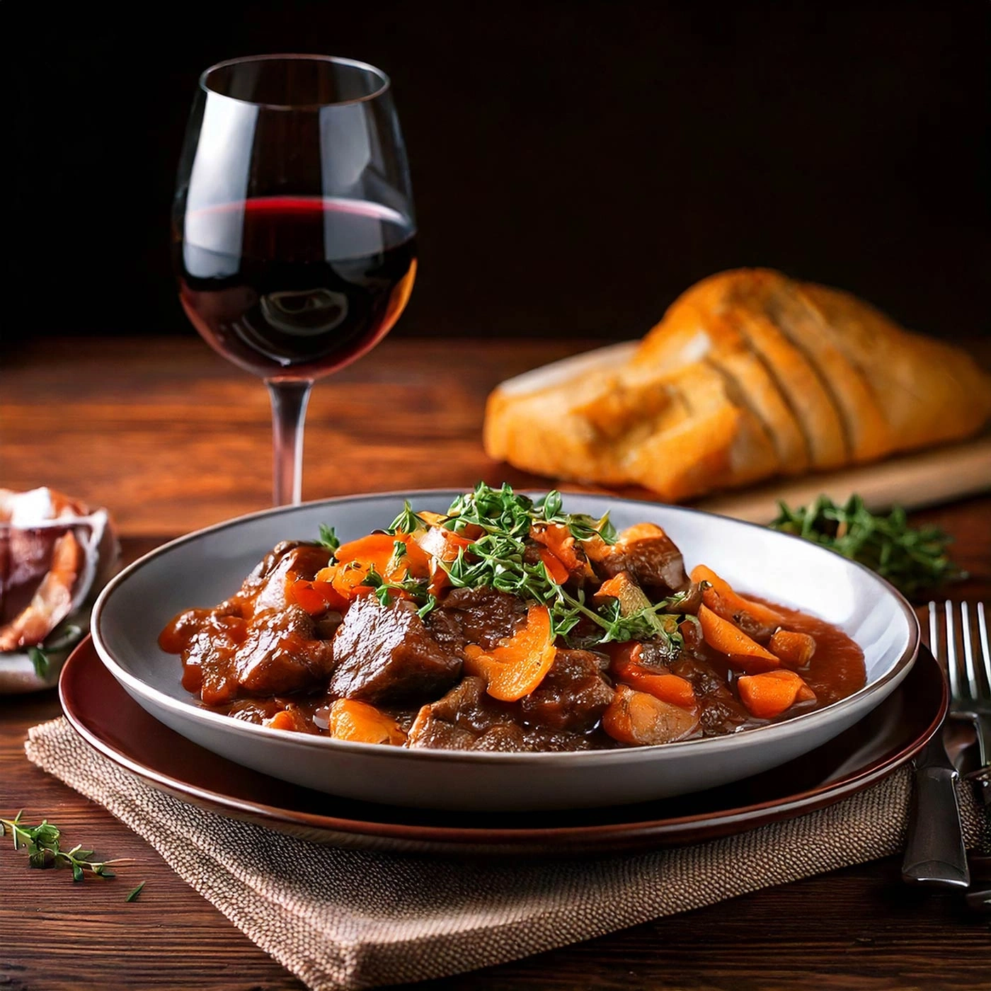 Gourmet-Essen mit Wein, Brot und Fleischgericht auf einem Holztisch