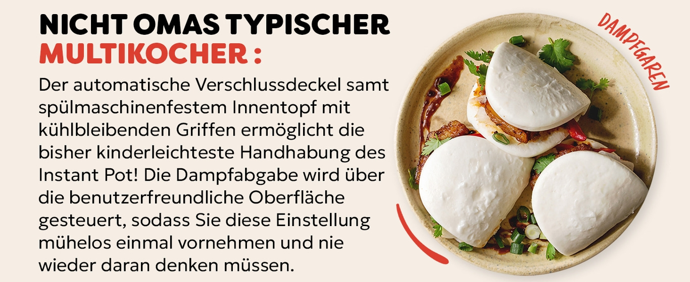 Multikocher-Anzeige mit Text und gedämpften Brötchen auf einem Teller