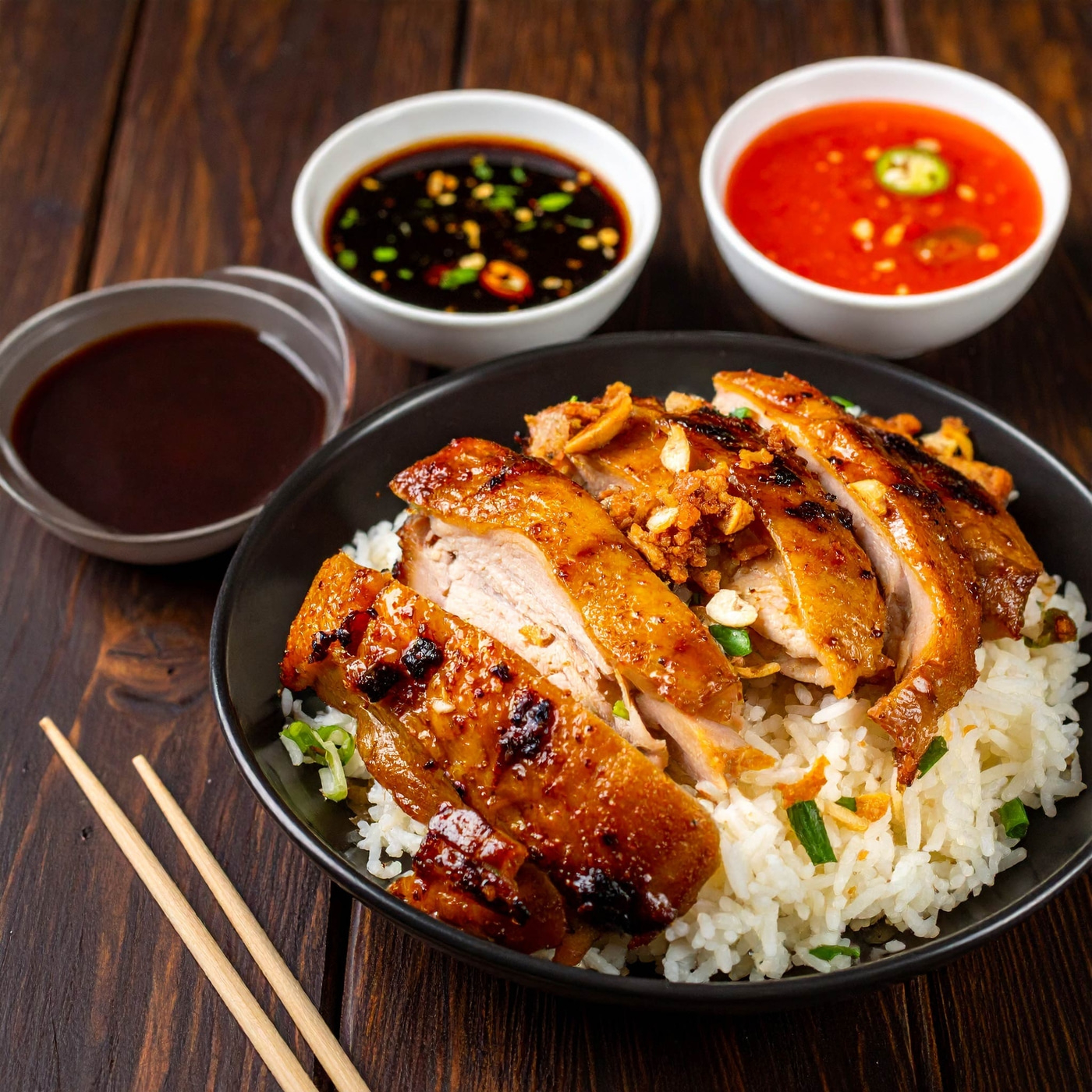 Gebratenes Hähnchen mit Reis und Soße, serviert in einer Schüssel, mit Stäbchen.
