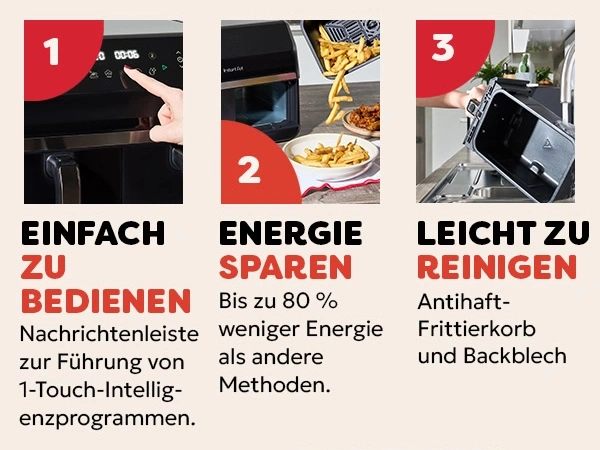 Luftfritteuse: Einfache Bedienung, Energiesparen, leicht zu reinigen.