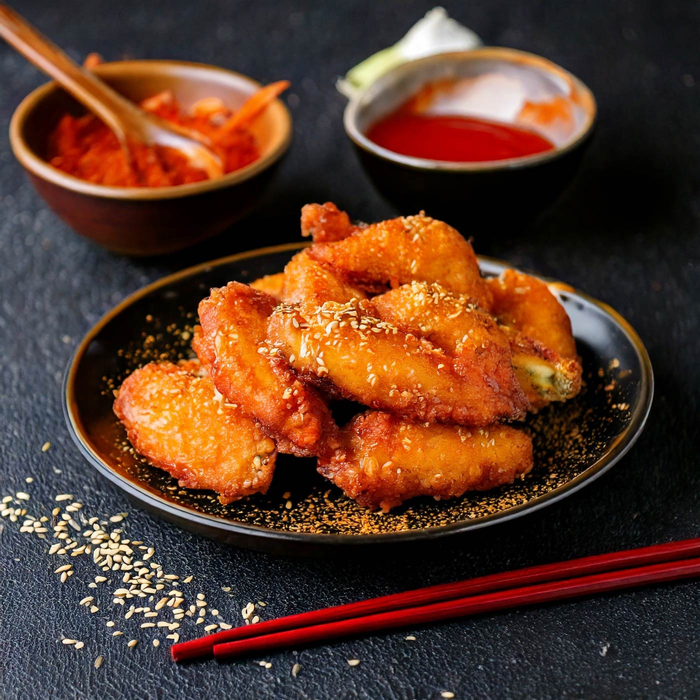 Gebratene Hähnchenflügel mit Sesam, Soße und Stäbchen auf einem Teller