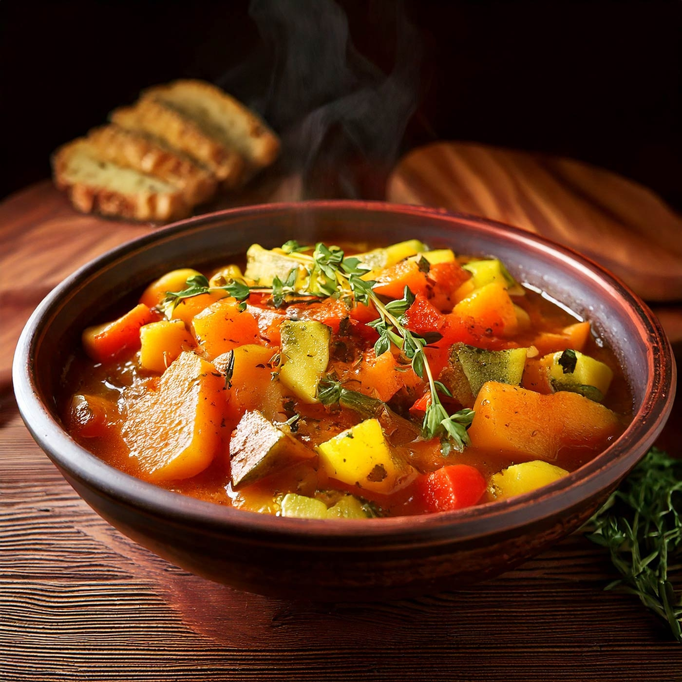 Gemüsesuppe mit Brot, dampfend, in einer Schüssel auf einem Holztisch