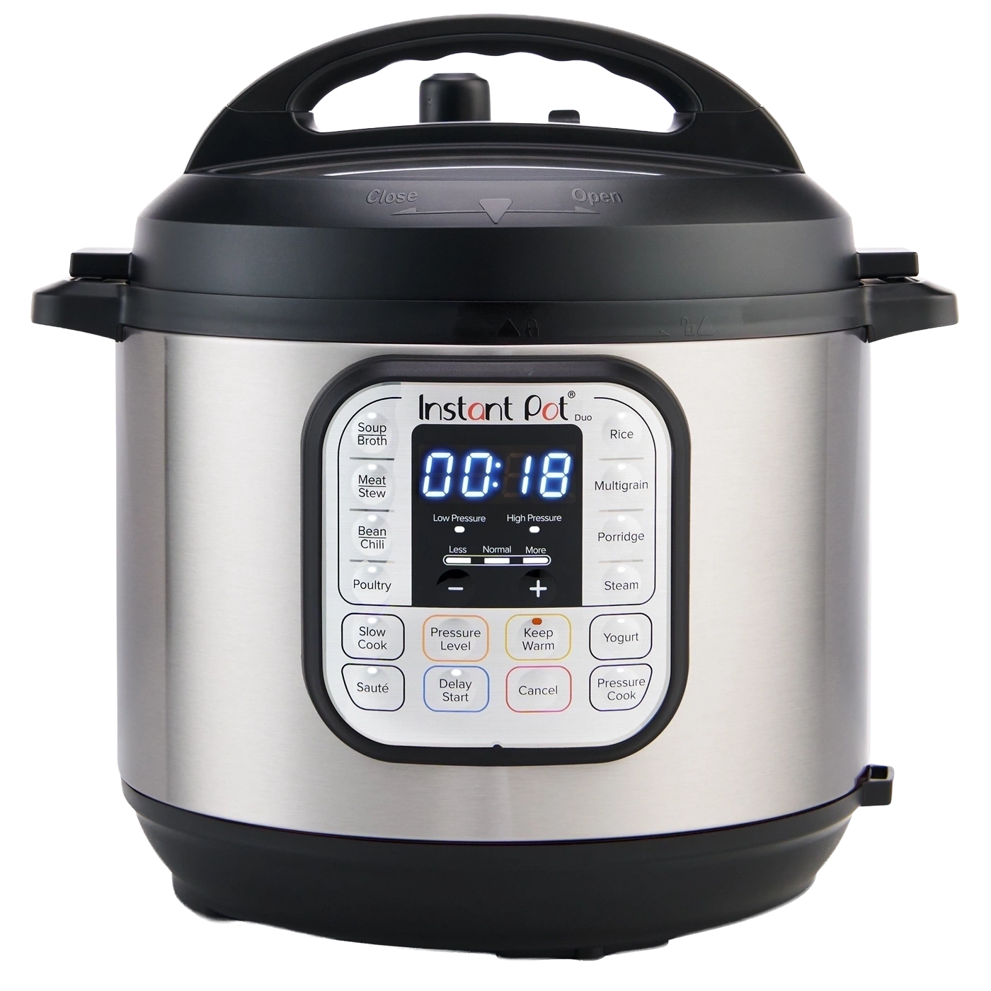 Ein silberner Instant Pot Duo mit schwarzem Deckel und Bedienfeld.